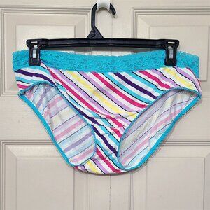 🆕️ Cacique Lane Bryant Rainbow Candy Stripe Turquoise Lace Trim Hipster Panty